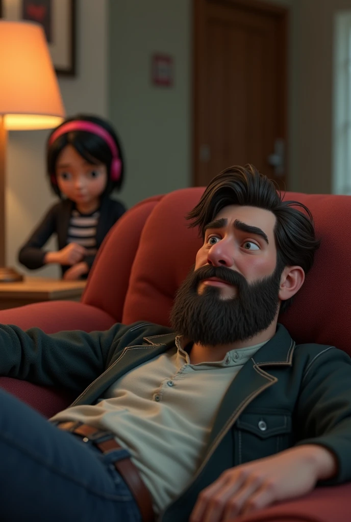 An angry bearded man sitting on the living room sofa in a relaxed manner, in the background of the image there is a distant woman sitting huddled against the wall, she has short black hair with a pink headband and a black coat with striped blouses, disney pixar style 3d.