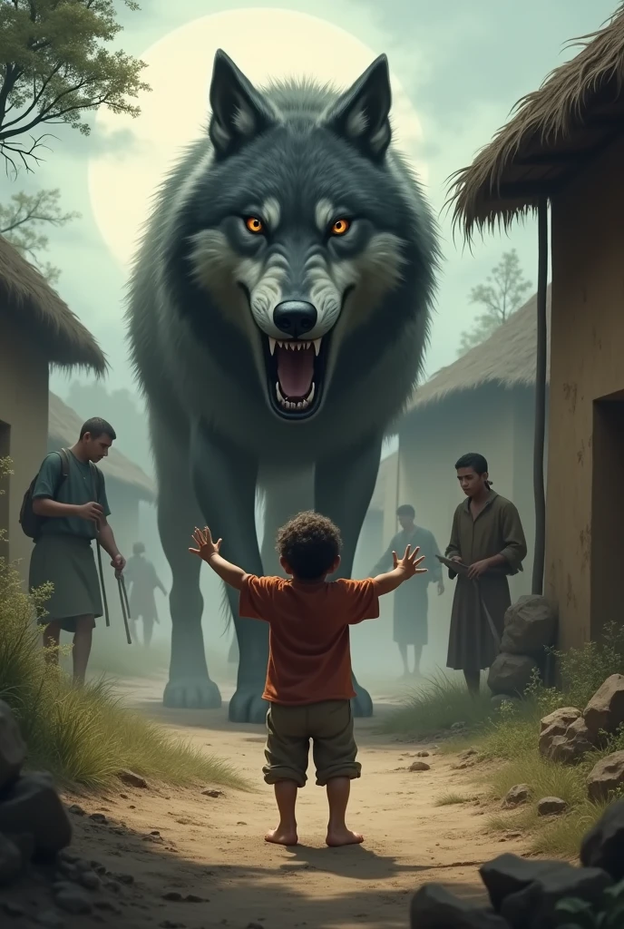 Text/Voiceover Prompt: "But one day, a real wolf appeared! The boy cried out, but this time, no one came…"Visuals: The boy desperately shouting "Wolf!" as the villagers ignore him, followed by the wolf approaching.