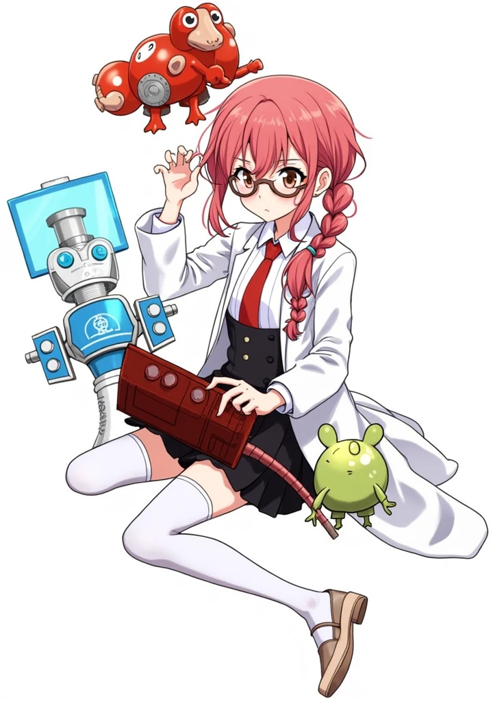 anime girl with red wavy hair and glasses, scientist girl, labcoat sitting on the ground fixing a machine toy, anime style, from girls frontline, fine details. girls frontline, girls frontline universe, girls frontline style, girls frontline, girls frontline cg, soft anime illustration, 2 0 2 2 anime style, 2022 anime style, pixiv contest winner, pretty anime character design, render of april
