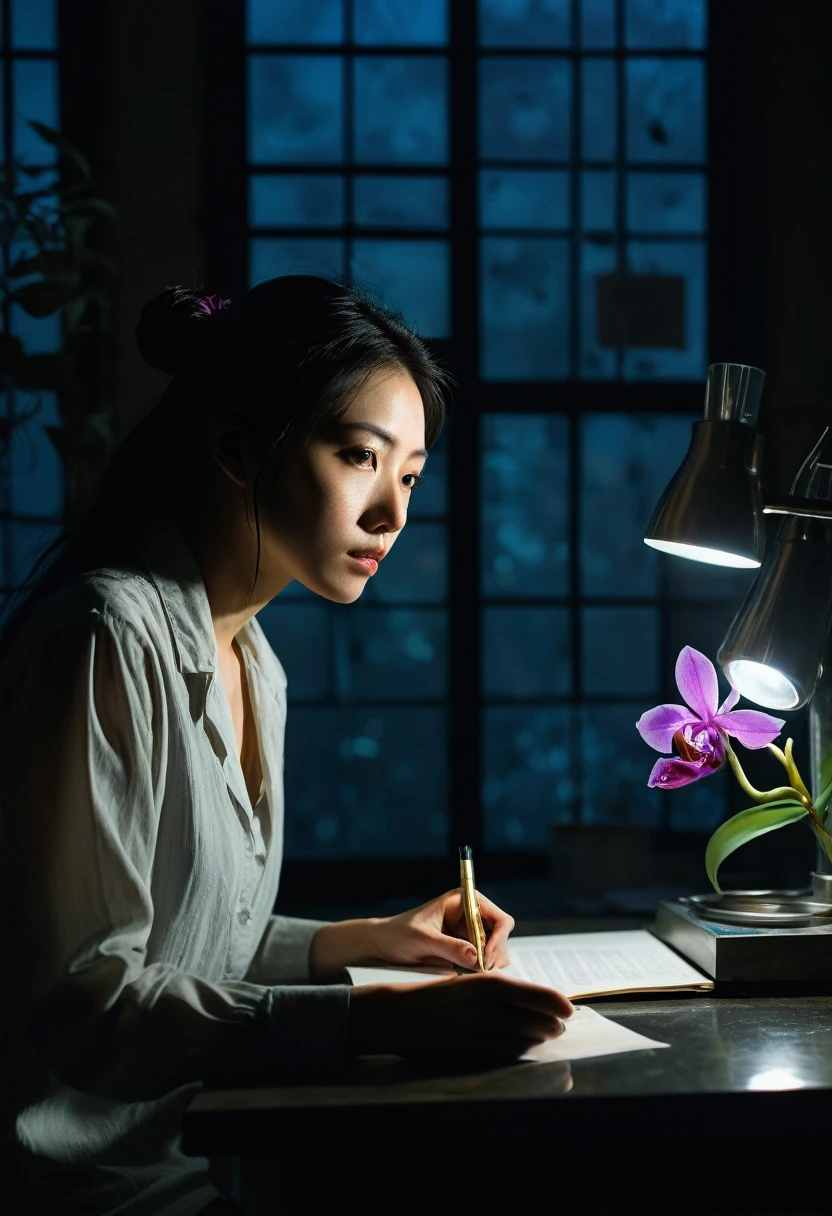 Genius Botanist beauty Misaki Sato, 28, Japanese, long black hair in a messy bun, concentrated expression, observing mysterious rainbow-colored clematis under a microscope in a dimly lit laboratory, moonlight through a large window casting long shadows, state-of-the-art laboratory equipment scattered on a steel table, background Glowing computer screen, nearby half-empty coffee cup, clock shows 2:37 a.m.: clock showing 2:37 a.m., frosted glass door slightly ajar, silhouette of stranger seen through gap, tense air, orchid emitting faint bioluminescence, super-definition, cinematic lighting, shallow depth of field, suspense thriller atmosphere, 8K Ultra HD, --AR 16:9 --stylize 1000