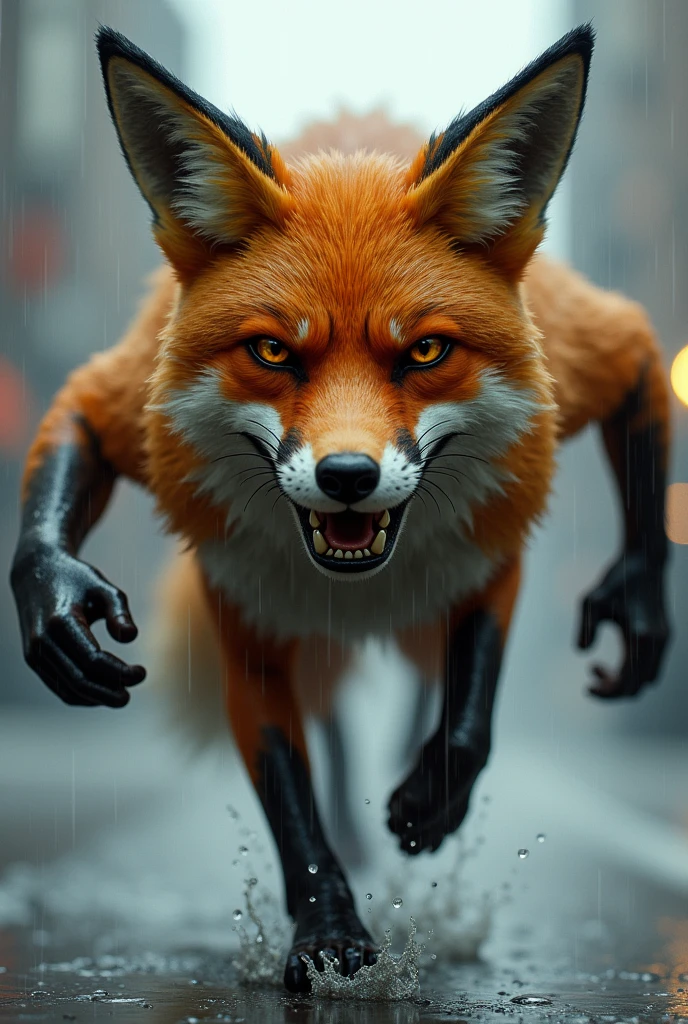 Extremely detailed, Realistic ArtStation digital masterpieces，Close-up，Head of a confused male fox man, Wearing goggles, Running in the rain city. The hood is blown back. fur, Flat ears. Run as hard as you can，Kick the splash. Artwork by artgerm and greg rutkowski.A forced smile on his face，Eyes skimmed to the side
