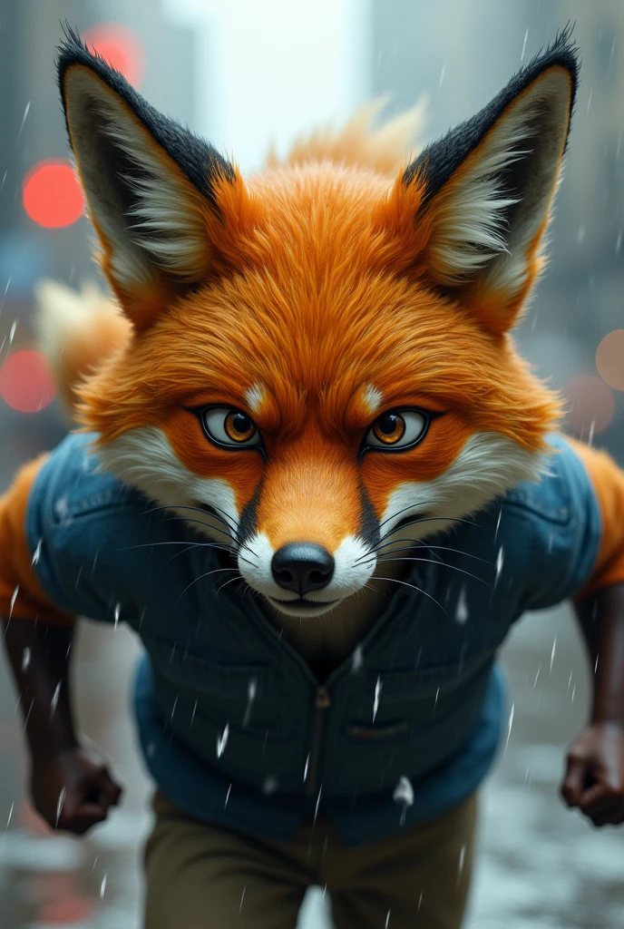 Extremely detailed, Realistic ArtStation digital masterpieces，Close-up，Head of a confused male fox man, Wearing goggles, Running in the rain city. The hood is blown back. fur, Flat ears. Run as hard as you can，Kick the splash. Artwork by artgerm and greg rutkowski.A forced smile on his face，Eyes skimmed to the side
