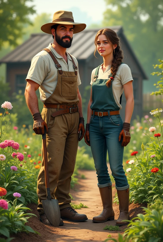 Male and female gardeners stand together.
