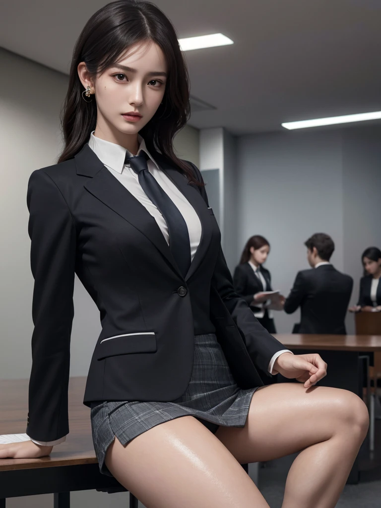 absurdres, RAW photo, extremely delicate and beautiful, masterpiece, Highest Quality, ultra high resolution, 32k, hyperrealistic, realistic, photorealistic, photo-realistic, Real, ultra-detailed, Very detailed CG 8k wallpaper, detailed background, landscape, Beautiful Lighting, Perfect Lightning, Realistic Shadows, perfect anatomy, anatomically correct, ideal ratio body proportions, perfect figure, Perfect Style, Perfect balance, super Detailed skin, 20 years old, very Slim body, narrow waist, very small head, very small face, delicate facial features, handsome detailed woman, very detailed eyes and face, realistic face proportions, Realistic beautiful face, Realistic beautiful eyes, tearful mole, earring, full body shot, whole body shot, very huge round tits, medium hair, asymmetrical hair, wavy hair, leg, thigh, knee, wet clothes, business suit, jacket blazer, short skirt, ribbon blouse, office, tie,