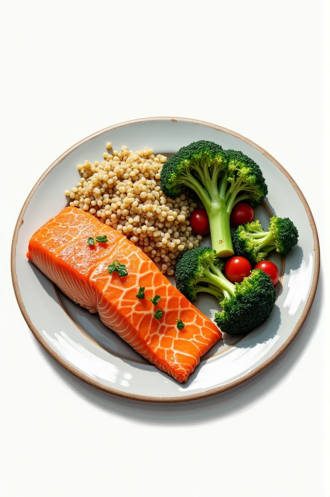a drawing of this dish 200 g of baked salmon: 450 kcal • Quinoa salad with vegetables: 250 kcal • 1 cup steamed broccoli: 50 kcal • 1 slice of whole wheat bread: 100 kcal
• 1 pera: 103 kcal (increase of 23 kcal)