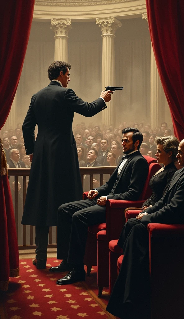  "Illustrate the moment John Wilkes Booth fires his pistol from behind Lincoln’s box. Capture Lincoln’s shocked reaction and the chaos erupting among the audience. Emphasize the dramatic contrast between the performance and the attack."

