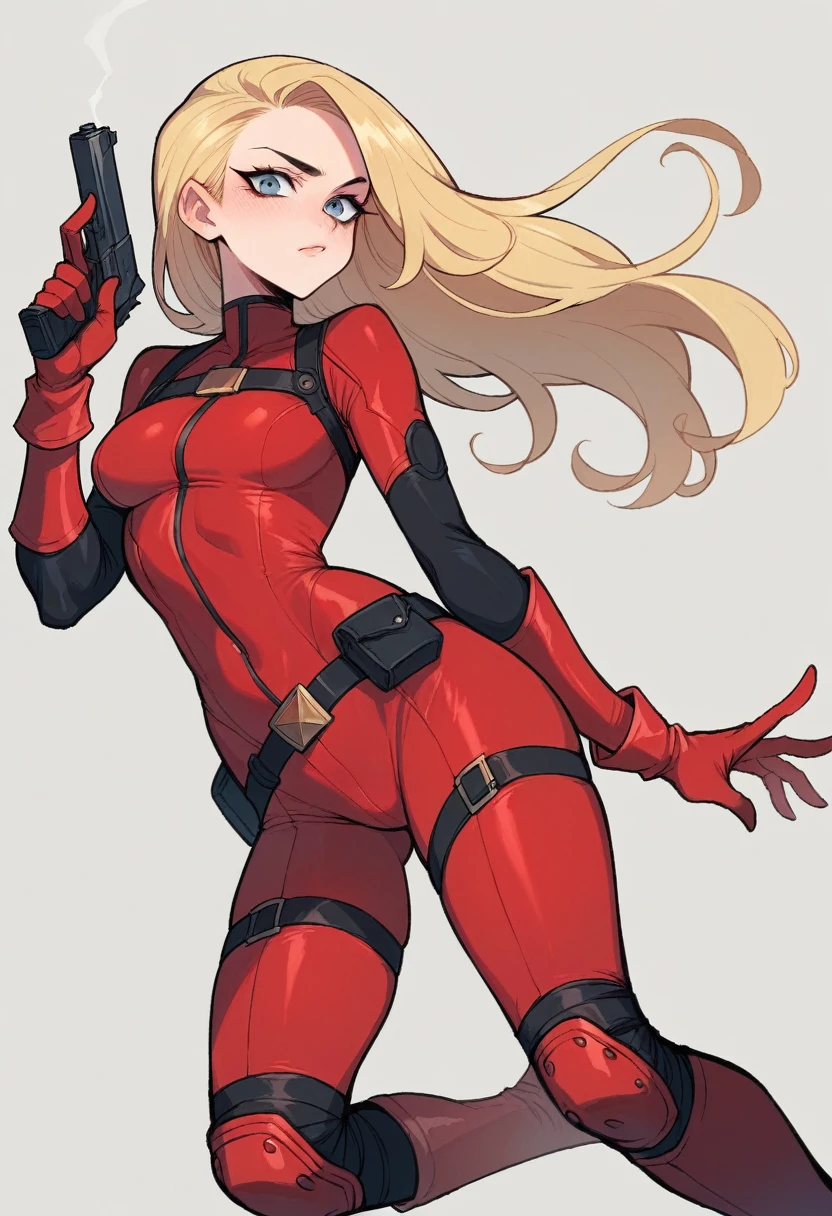 comics, woman, long blonde hair, red costume, bodysuit, black straps, black bands, ultility belt, knee pads, red gloves, red boots, hand guns