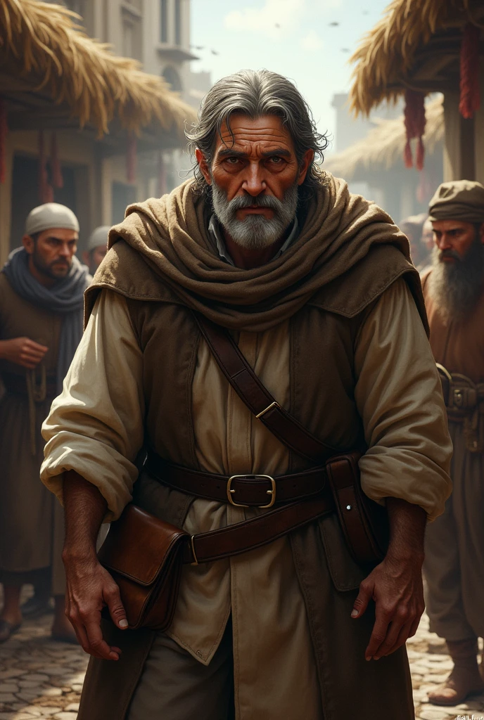 The merchant listening to rumors about a hidden treasure in the village.