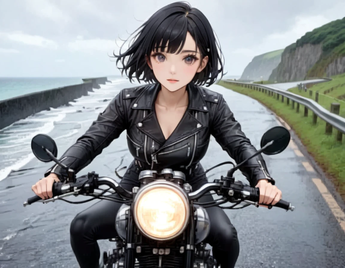 (クラシックRiding on motorcycle )、(Vintage Bikes、Bluff Superior SS100)、Photograph the entire bike、 (Riding on motorcycle:1.2), Beautiful young woman、1、Beautiful Face, Beautiful and delicate eyes, Black Hair, Short Bob Hair,  Classic Leather Jacket、With goggles、After the Rain、English countryside、 Coastal road with ocean view、Detailed Description、(Highest quality, masterpiece, High resolution)、8k、wallpaper
