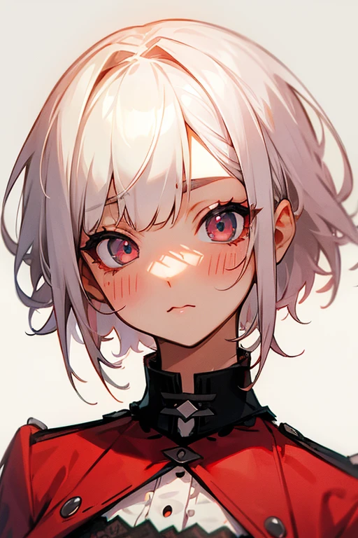 Short white hair, blush, Lace dress、Punk Fashion、Headbang 2.、Red Uniform、Face close-up、(Cute upward glance).
