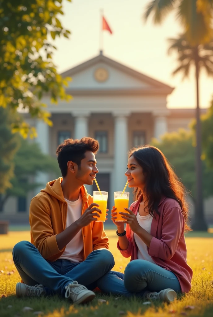 Create a india engineering boy student stand girl friend infront of College at they sit in the catein drink a juice with two stra