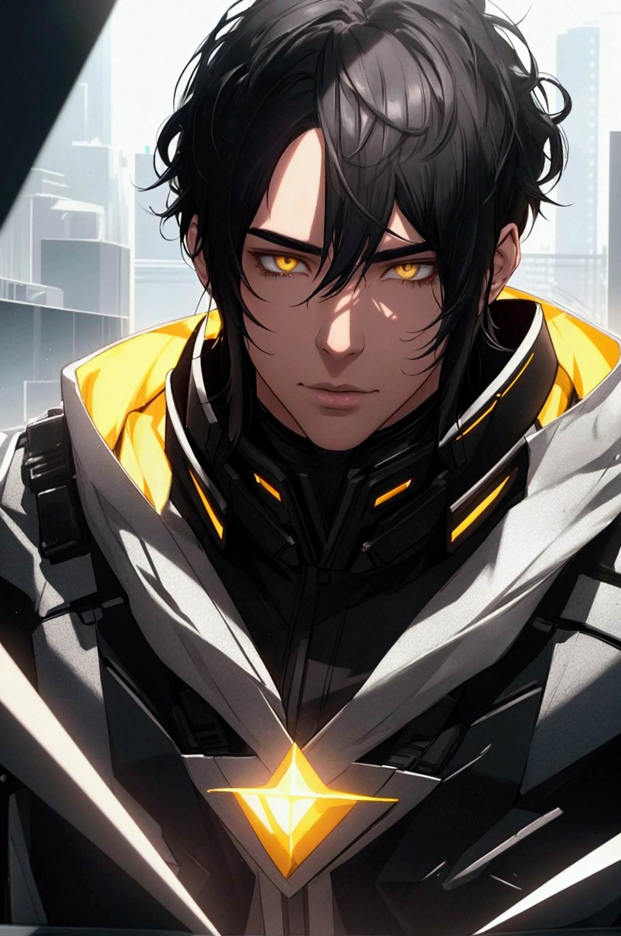 MAN, CHUBBY, BLACK HAIR, SILVER HAIR, BLACK HAIR SHAPED, YELLOW eyes, 8k, super detail, best quality, high details, Rough, Shimmering, Ray Tracing Reflections, Lumen Reflections, Octane render, dramatic lighting