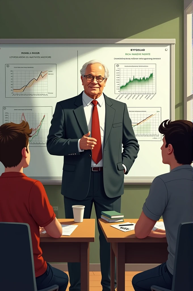 Scene 2: The Importance of Financial Education:
Show a classroom-like environment where the Rich Dad is teaching young Robert Kiyosaki. Rich Dad stands in front of a whiteboard with financial diagrams, like cash flow charts or asset and liability columns. Robert and his friend are sitting at desks, attentively listening, with curious and thoughtful expressions.