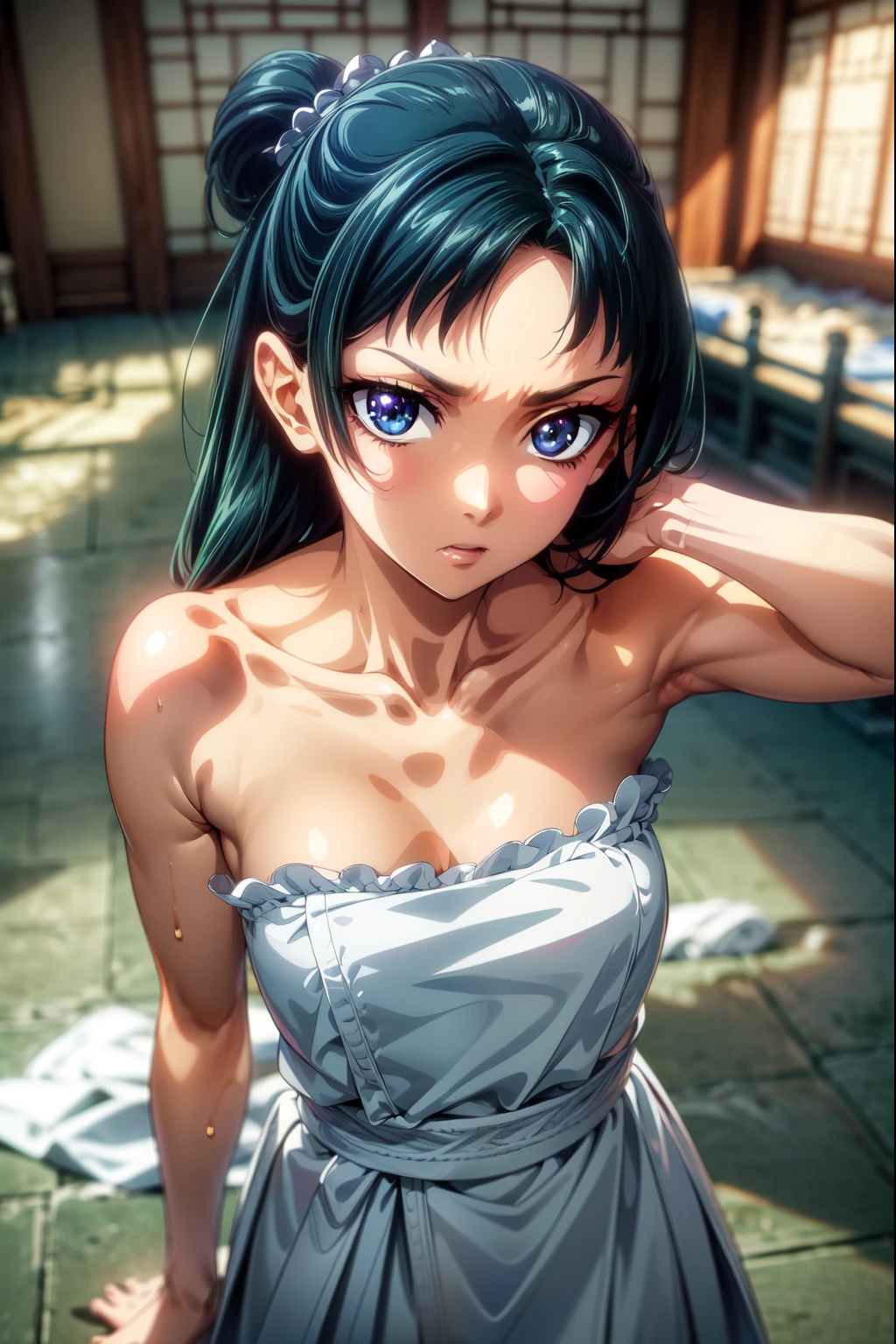 (Masterpiece, High Quality, Top quality, High-Detailed, Detailed CG, Cinematic Shadow, Cinematic Scene, Beautiful Detailed Eyes, Ultra Resolution, Depth of Field, High Resolution, Masterpiece: 1.2), Anime Art style, Very Detailed, Dynamic Angle, Detailed Green Hair, Detailed Blue Eyes, Purple Eye, Slim Body, Sparkling Eyes, Sparkling Detailed Eyes, Hair Accessory, Earrings, Slightly Blunt Bangs, Looking at the Audience, Cute, Five Finger, (Angry Expression:1.0), Pale Skin, Slendar Body, Shy , (White Towel:1.0), (Body Cover With Towel), Good Composition, Bared Shoulder, Thigh, Small Breasts, Small Size Breasts, Blur Background, Chinese Architectures