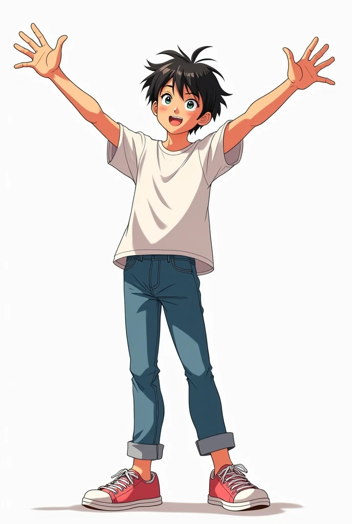 Casually dressed anime boy with outstretched arms drawing from all points of view in the same position