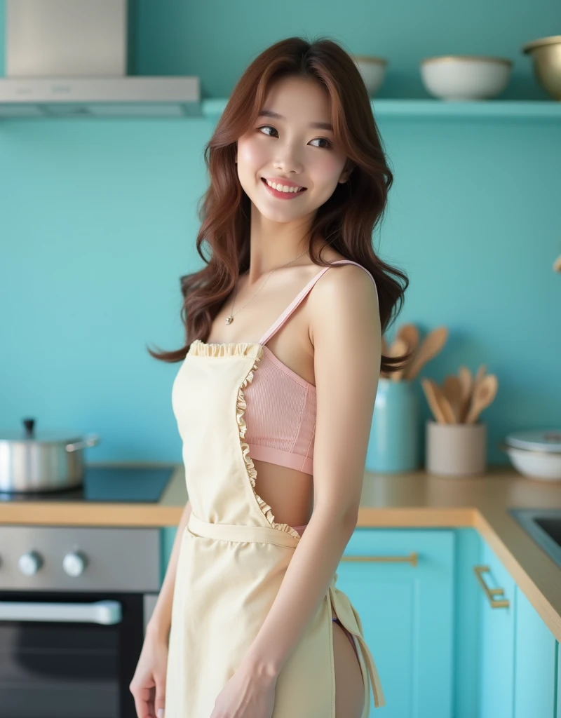 Photo, live action, stunning full-body portrait of a 30-year-old Korean woman, well-known actress, showcasing her breathtaking beauty. She stands confidently in her bright blue kitchen, wearing a pale pink string panty set and delicate brown hair. Her porcelain skin glows with a healthy smile, highlighting her radiant features. She looks effortlessly sideways, her piercing eyes seeming to sparkle. Her slender figure is elegantly draped in a nude apron adorned with a small ruffle trim.