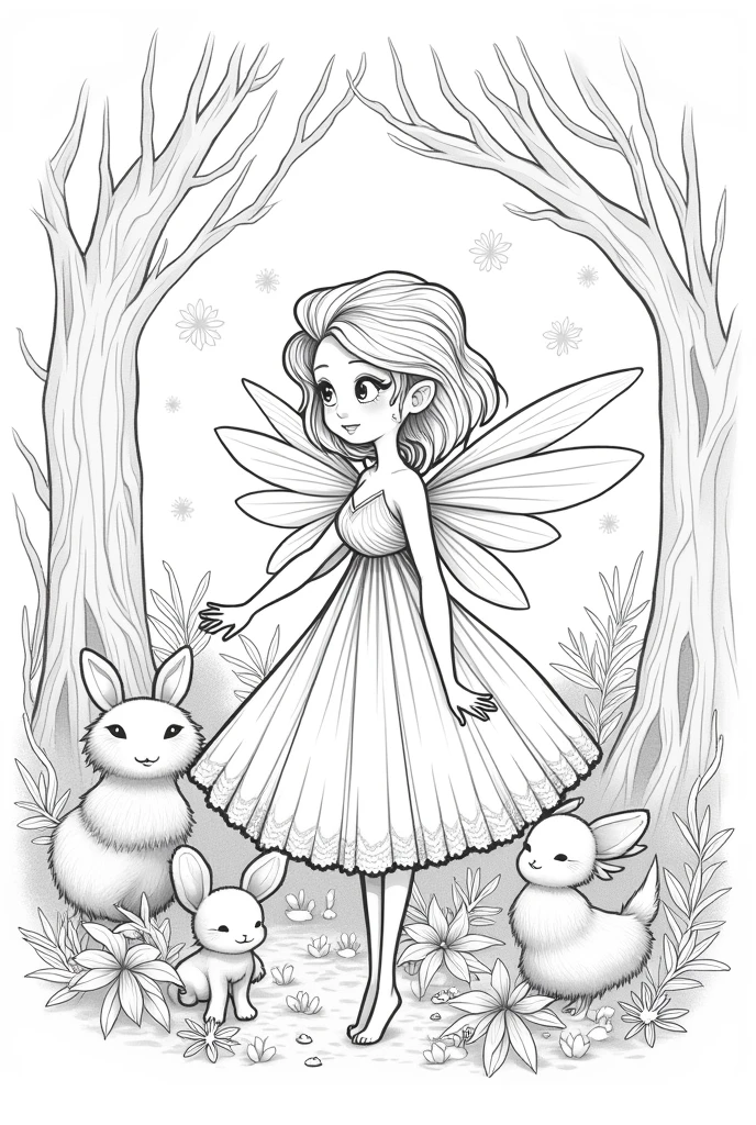 A fairy surrounded by enchanted creatures in a magical forest, for coloring pages, full white,clean line art, children's style, magic forest background, full body, Sketch style, playful style, childrens,coloring page, clean line art, white background, colouring page, clean outline