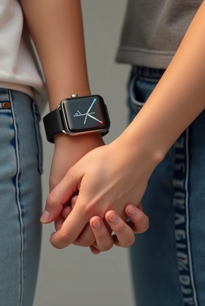 A picture of two hands of a girl and boy. The girl wear a smartwatch in left hand. They hold their hand each other. Realistic picture. Upper view. And didn't create any body part only hands. 