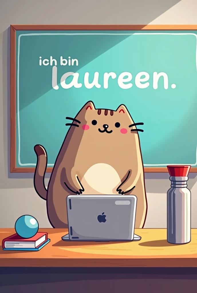 Create an image of a young female teacher represented as the character Pusheen in a B2 German language class. The teacher is seated at a desk that has a silver MacBook, a few books, and a medium-sized colorful ball and tall steal flashe watter. Behind her is a large electronic smartboard displaying the text 'Ich bin Laureen.' The classroom should have a modern and vibrant look