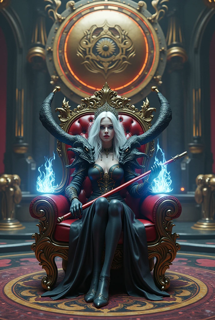Surreal Very detailed Ultra Fantasy Ultimate Details Ultra-high resolution 8K 32k 3D Clear Eyes Silver Hair Sit on a chair A hawk sits on a skull A pale blue flame of mystical energy shoots out from above his hands. Assassin Dragons on both shoulders mechanical engineering Mechanic Art . intricate and elaborate design, money, gold Silver Silver Red Black-purple Dynamic pose Cinema Lighting Demonic Spell Aura Sit on a chair Magic circle design A large, luxurious amulet made of gold Vivid Color Girl Gorgeous and mysterious mage holding red staff crossed on chest A gorgeous, devilish and cool tiara The ultimate mysterious design Satanism Demonic Armor Mysterious Chair Textured Armor Girl