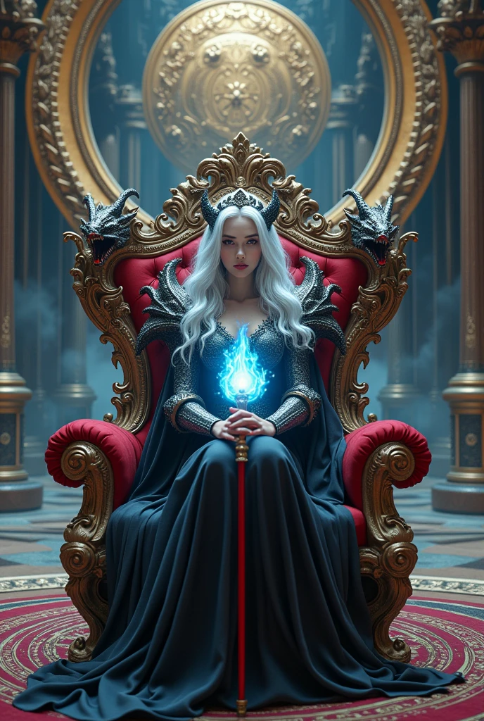 Surreal　Very detailed　Ultra Fantasy　Ultimate Details　Ultra-high resolution　8K 32k 3D 　Clear Eyes　Silver Hair　　Sit on a chair　A hawk sits on a skull　A pale blue flame of mystical energy shoots out from above his hands.　Assassin　　Dragons on both shoulders　mechanical engineering　Mechanic Art　　.　intricate and elaborate design, money, gold　Silver　Silver Red　Black-purple　Dynamic pose　　Cinema Lighting　Demonic Spell Aura　Sit on a chair　　　Magic circle design　A large, luxurious amulet made of gold　Vivid Color　　Girl　 Gorgeous and mysterious mage holding red staff crossed on chest　A gorgeous, devilish and cool tiara　The ultimate mysterious design　Satanism　Demonic Armor　　Mysterious Chair　Textured Armor　Girl