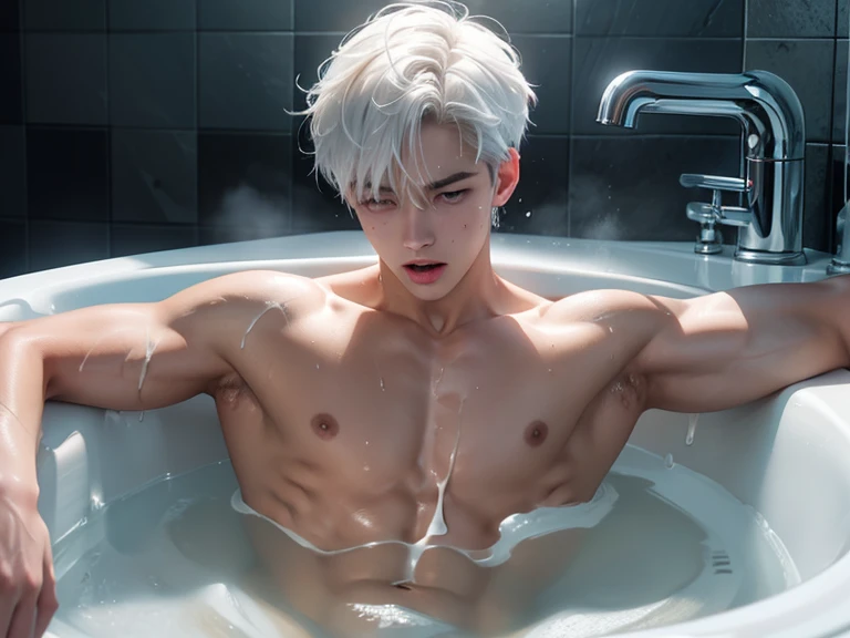 A young boy with white hair，fair skin，handsome，The triangle briefs are wet, so I took half of them off.，裸上半身Soaked in milk，Showing six-pack abs and chest muscles with water droplets on them，Soaked in milk，纖細長腿Soaked in milk，The bottom highlight is very large and dripping，Soaked in milk，Tilting their head back, they wore an expression of comfort.，Sticking out tongue，covered in milk，Taking a bath with someone else，There&#39;s milk on your face too，身上Soaked in milk，Complete character，To the light，The light shines on the abdominal muscles，Two people hugging each other&#39;s waist，The characters are smaller