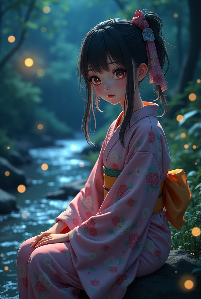 (masterpiece,best quality:1.4),(8k,raw photo,photo realistic:1.2),shiny skin,detailed skin,detailed face,detailed eyes,Detailed hands,Detailed Background、1girl,Japanese idol,(beautiful face),(Shining Eyes:1.1),、、Symmetrical eyes、、Great background、Great location、((Japanese Yukata))、(Detailed and very cute,,Junior idol,)、Mysterious夜,Fireflies flying around in the stream,The light emitted by fireflies,Full body portrait,,Mysterious,Charming girl sitting,nswf,sexy Instagram style
