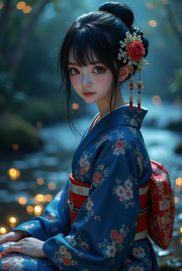 (masterpiece,best quality:1.4),(8k,raw photo,photo realistic:1.2),shiny skin,detailed skin,detailed face,detailed eyes,Detailed hands,Detailed Background、1girl,Japanese idol,(beautiful face),(Shining Eyes:1.1),、、Symmetrical eyes、、Great background、Great location、((Japanese Yukata))、(Detailed and very cute,,Junior idol,)、Mysterious夜,Fireflies flying around in the stream,The light emitted by fireflies,Full body portrait,,Mysterious,Charming girl sitting,nswf,sexy Instagram style