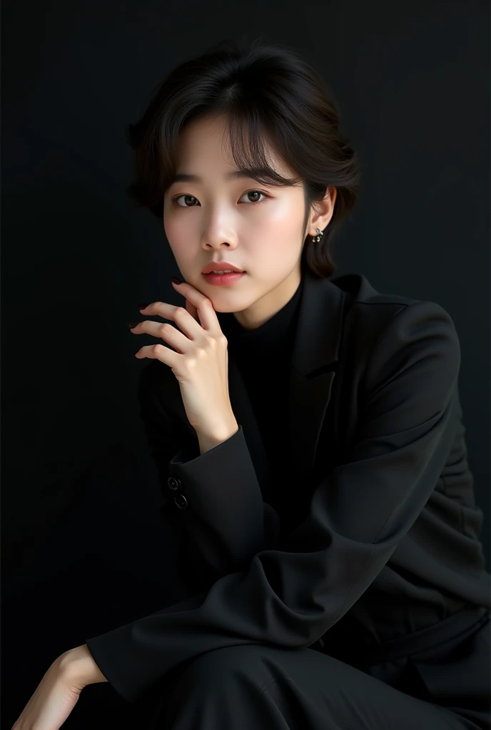 Photoshoot debut girlgrup. Rank 5 trainee. Lead vocalist. Korean. Short hair. Her face like binnie oh my girl. Concept black.