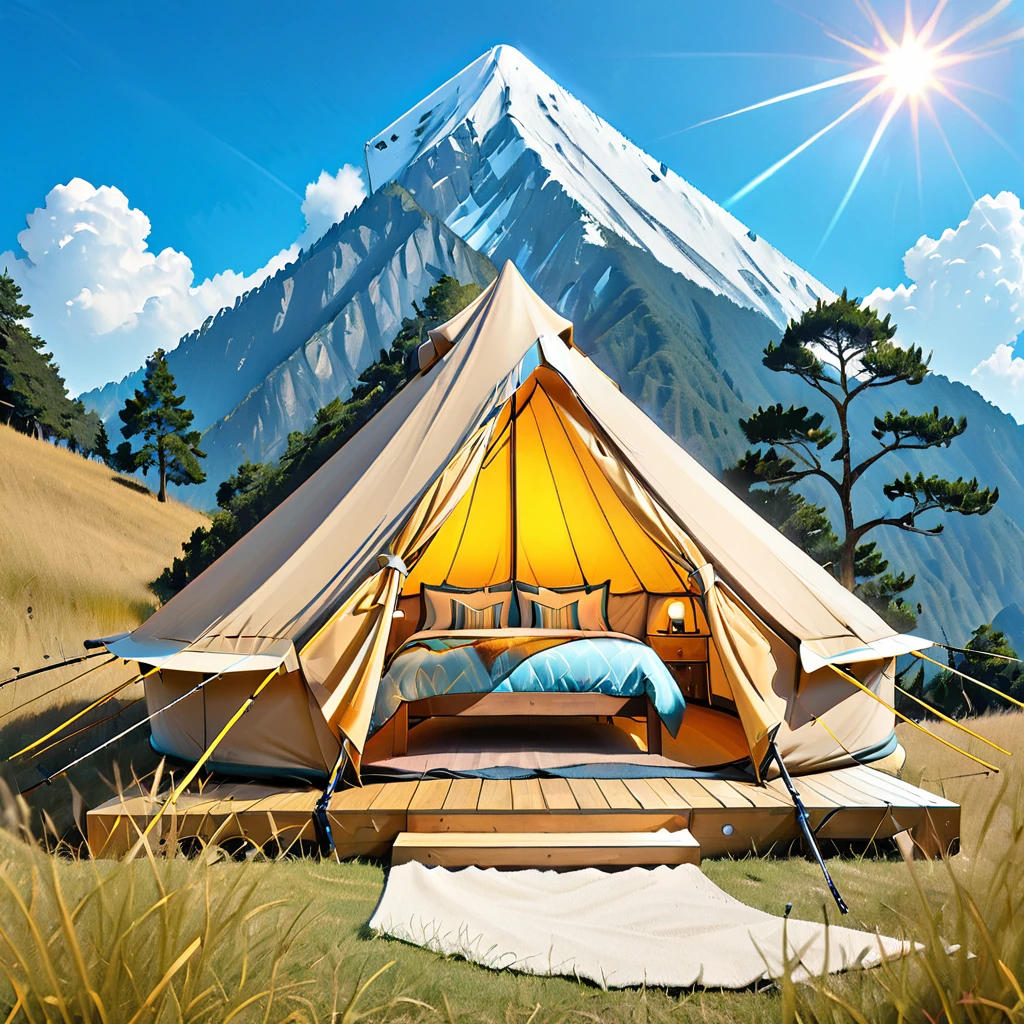 Glamping、symbol、Three-dimensional、Shine、Shine、gold、The background is blue sky