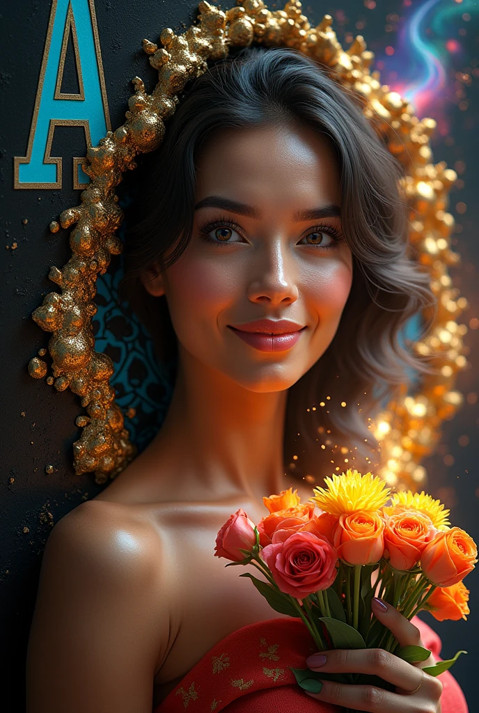 Hyper realistic detailed faces and best eyes a Venezuela very very beautiful woman, smile very attractive, appears, breaks through the ace card wearing a kebaya, and sarong, matching shoes, holding flowers. The background is a gradient of black and golden with rainbow colored at galaxy smoke vivid colors art hyper realistic, unbelivable focus scene sun shine, super sharp, super portrait face, masterpiece, UHD, 18K