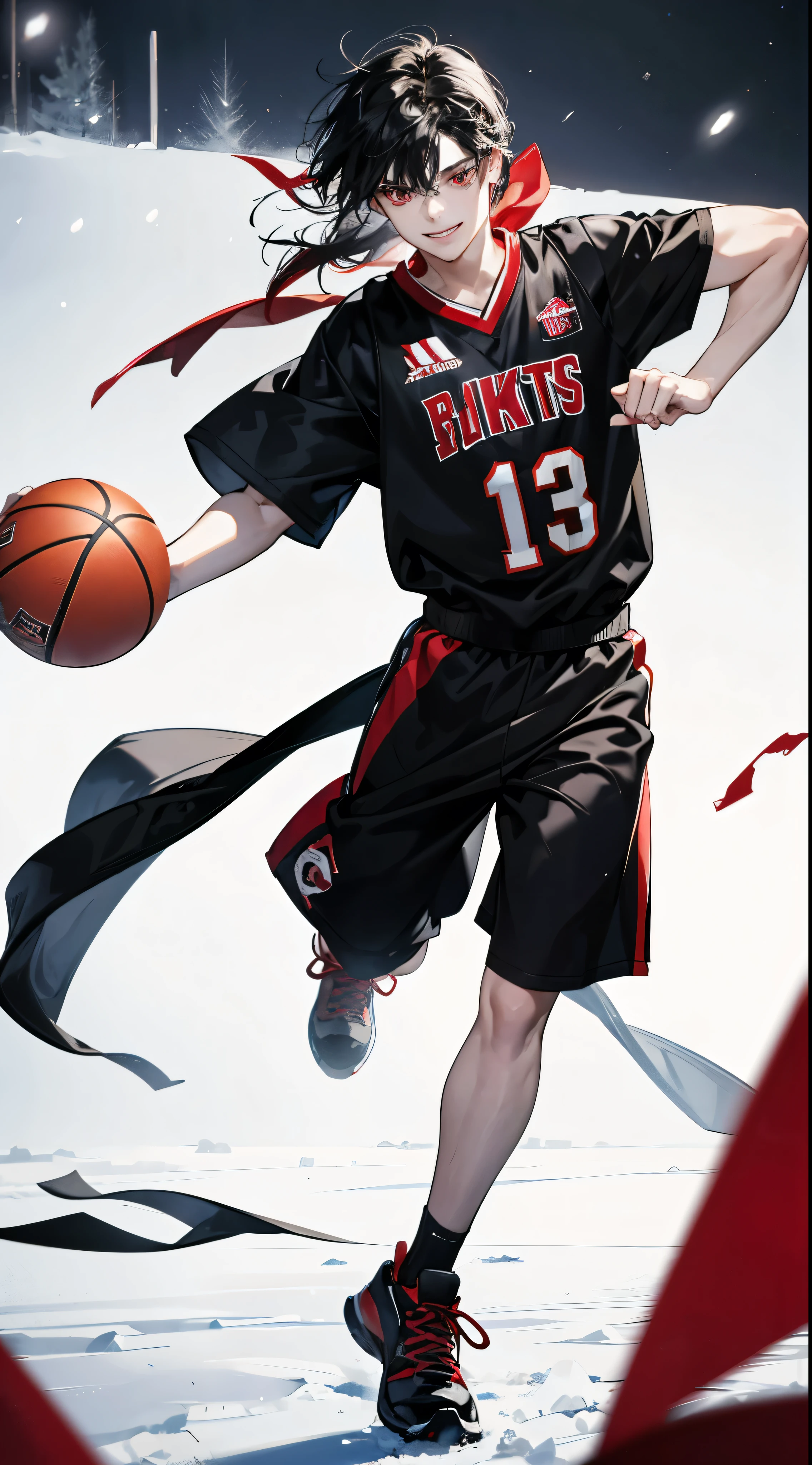 black and red basketball Jersey , short small tiny boy, femenine face, white snow skin, black hair, messy hair, mullet-cut, wide smile, holding basketball, shining crimson eyes, masterpiece, 8k,