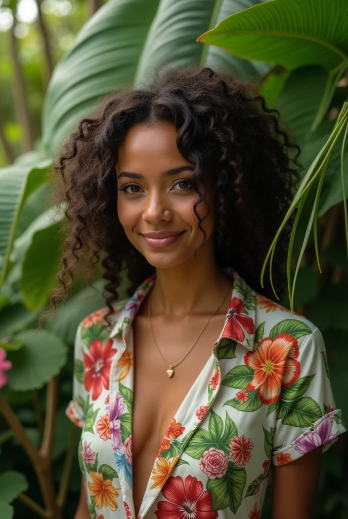 A Brazilian woman in a lush tropical garden, wearing an open shirt with a floral print, with a close-up capturing the harmonious beauty between her breasts and the natural flowers, showing off your natural charm and outgoing personality.