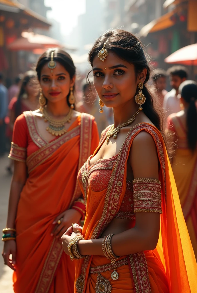 Beautiful Indian women showing boobs and wearing lehenga , background in market of Indian and little crowd