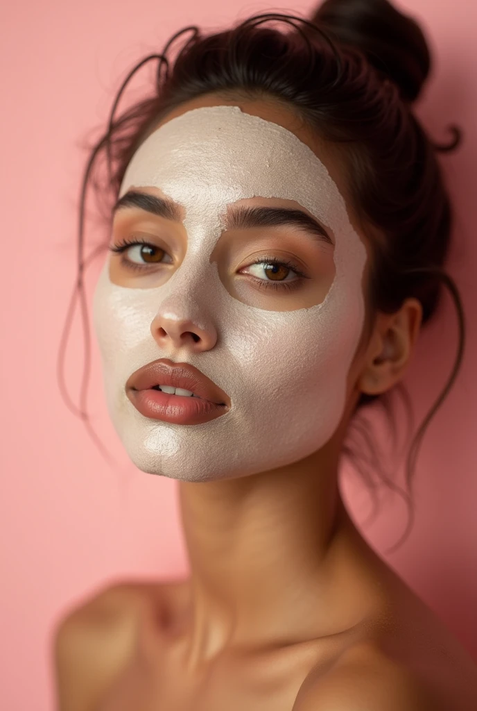 Creative and aesthetic Shoot with pink or white background of female brown model with applied rice mud face mask