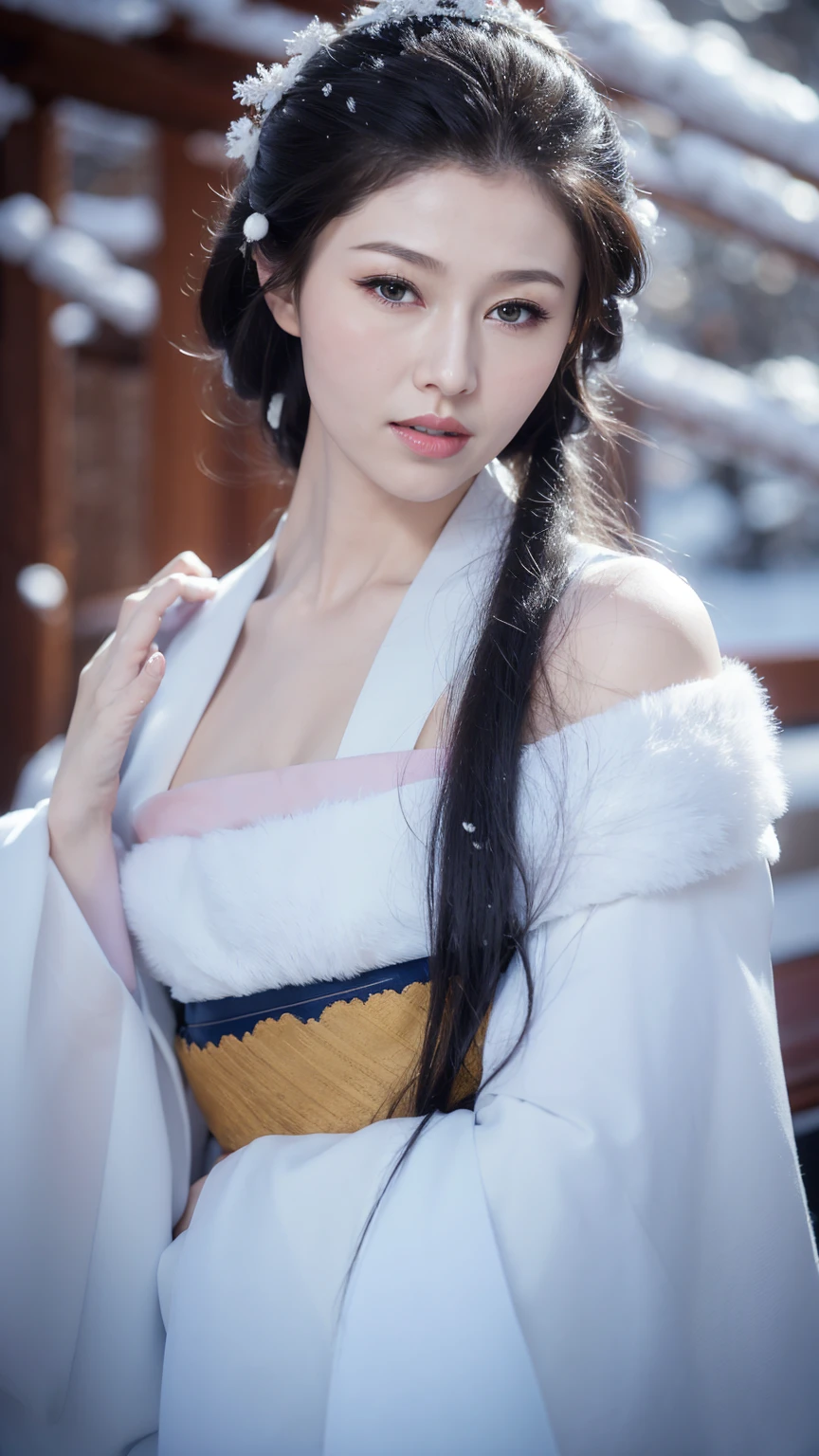 1 Fashion Model [[[[close up]]]], [[[[neck]]]], [[[[Shoulder]]]], (((Complete head)))，(((Complete hairstyle)))，Perfect eyes, Perfect Iris，Perfect lips，Perfect Teeth，Perfect skin，White skin，Soft headlights，High-density imaging，Black long hair，（Clean and delicate face），((White fur winter hanfu))，((Half-length photo))，((The background is a snowy scene))，((winter))，((Various dynamic poses))，((The background is a snowy scene))，best quality，masterpiece，（Soft colors：1.2）