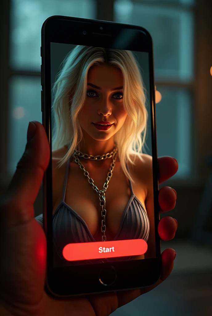 (masterpiece:1.2), (best quality,:1.2), 8K, HDR, Extremely detailed, ((Reality)), A mobile phone,Mobile interface,Inside is a sexy blonde in chains,A seductive smile,Sexy expression,Ambiguous warm light,There is an interface button below that says "START"