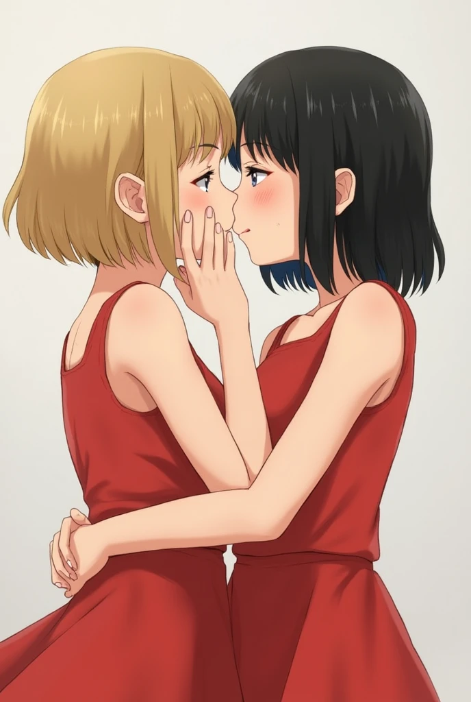 Two girls kissing,Both are young,a girl is blonde with short hair,white,wearing a red dress,the other one has black hair,shoulder length with bangs,use your eyes ,realisitic