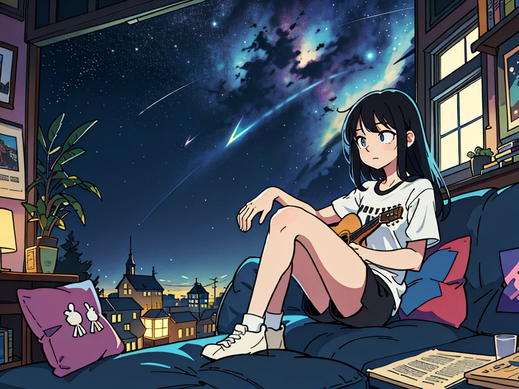 Super detailed:1.3, (Absurd, texture, masterpiece), pixiv Contest Winner, John Berkey, Dynamic cartoon style illustration,Oversized T-shirt、stand lighting、Colored pencil style、Long black hair、play the guitar、sofa、kitten、Night Sky、Room with a window、High precision、detailed、８K,Sitting with legs crossed, Starry sky inner hair,Dark aesthetic,Euphoric,Black shorts,Beautiful woman,Old alley background, Dozing off,Crayon colored Zentangle,overview,Anime key visual,