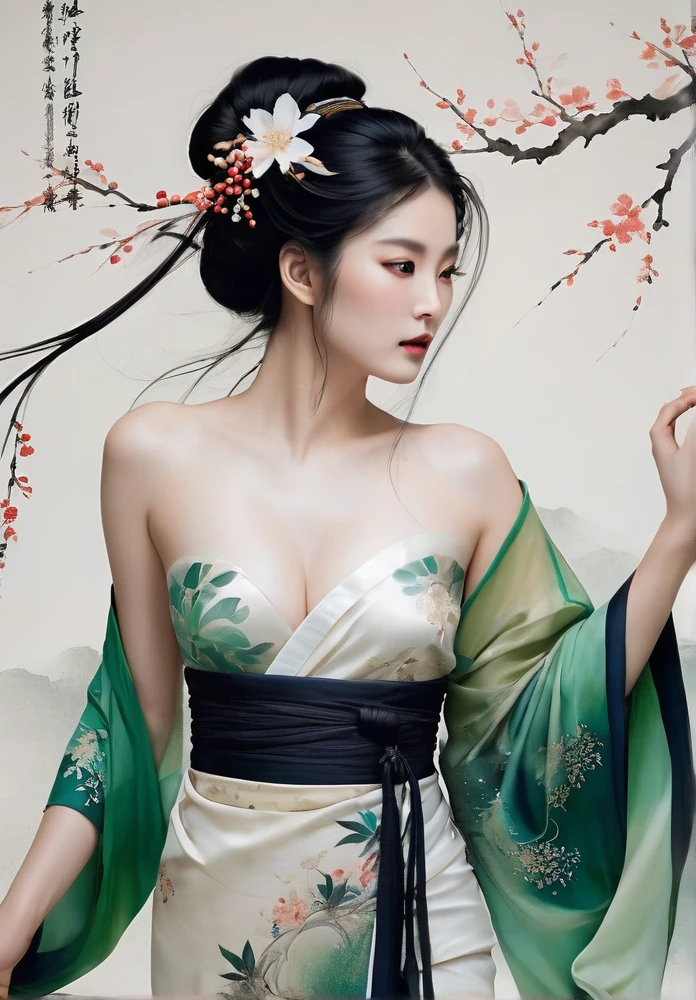 A serene wide shot of a stunning lady, barefoot and radiant in a white strapless kimono adorned with intricate dark green silk thread patterns. Her long black hair cascades down her back like a waterfall of night, while her eyes shine bright as stars in the midst of chaos. The natural light softly illuminates her porcelain skin, accentuating the delicate texture. A splash of ink and watercolor hues dance across the background, creating a harmonious balance between reality and artistry. Her figure is set against a clean, solid-colored backdrop, showcasing the beauty of her Tang Dynasty attire.