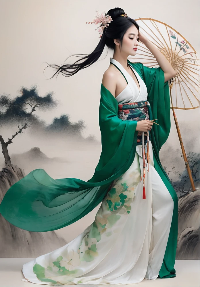 A serene wide shot of a stunning lady, barefoot and radiant in a white strapless kimono adorned with intricate dark green silk thread patterns. Her long black hair cascades down her back like a waterfall of night, while her eyes shine bright as stars in the midst of chaos. The natural light softly illuminates her porcelain skin, accentuating the delicate texture. A splash of ink and watercolor hues dance across the background, creating a harmonious balance between reality and artistry. Her figure is set against a clean, solid-colored backdrop, showcasing the beauty of her Tang Dynasty attire.