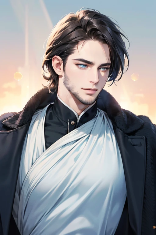 a handsome 3 man, 3 day beard, dark hair, sharp jawline, (mesmerizing blue eyes), perfectly styled hair, wearing cool anime outfitt, dynamic lighting, (CEO), (expression, smile in love), (best quality,4k,8k,highres,masterpiece:1.2),ultra-detailed,(realistic,photorealistic,photo-realistic:1.37)