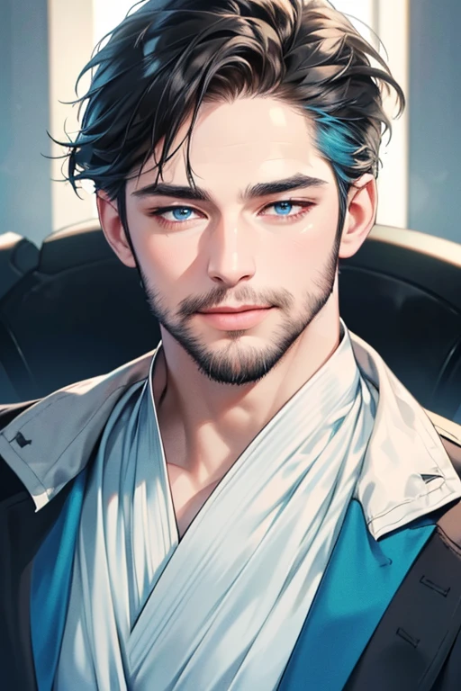 a handsome 3 man, 3 day beard, dark hair, sharp jawline, (mesmerizing blue eyes), perfectly styled hair, wearing cool anime outfitt, dynamic lighting, (CEO), (expression, smile in love), (best quality,4k,8k,highres,masterpiece:1.2),ultra-detailed,(realistic,photorealistic,photo-realistic:1.37)