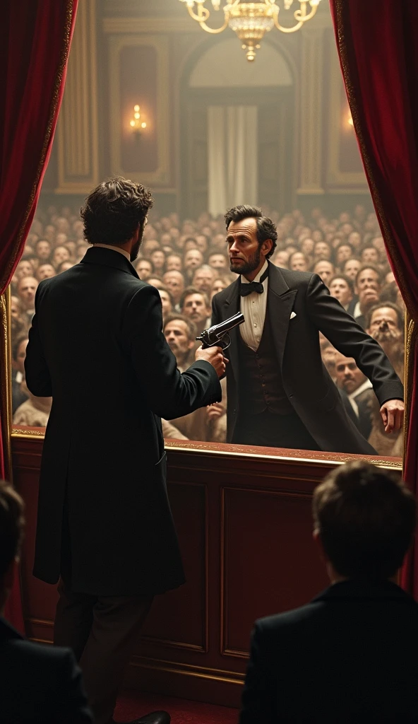 new "Illustrate the moment John Wilkes Booth fires his pistol from behind Lincoln’s box. Capture Lincoln’s shocked reaction and the chaos erupting among the audience. Emphasize the dramatic contrast between the performance and the attack."

