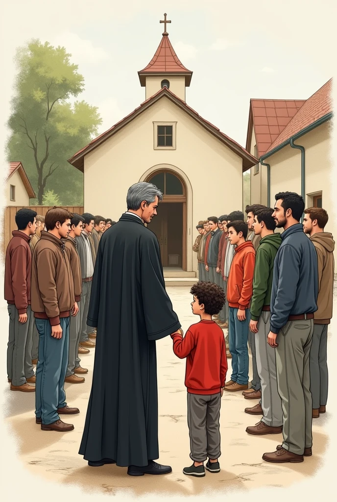 Super simple drawing of a single priest dressed in black and with black hair without gray hair next to a  orphan boy, curly brown hair and a red sweatshirt outside a small church in a town and with a crowd watching them 