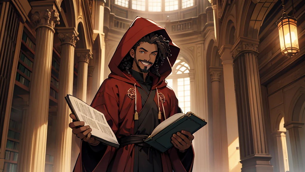 anime highest quality, solo, front facing, hooded shrouded male figure, dark brown tightly curls coils afro hairstyle, mocha skin, smiling happy expression, goatee, mustache, dark red robes with the hood up, standing holding a large book with both hands in a library with large white columns