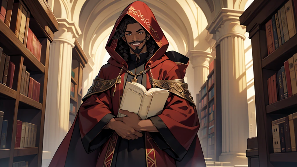 anime highest quality, solo, front facing, hooded shrouded male figure, dark brown tightly curls coils afro hairstyle, mocha skin, smiling happy expression, goatee, mustache, dark red robes with the hood up, standing holding a large book with both hands in a library with large white columns