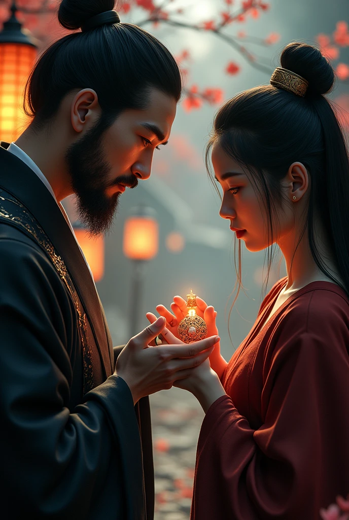 Gift Exchange: "A close-up of a samurai man presenting a beautifully crafted pendant to a ninja girl, with an intimate, heartfelt expression on their faces, surrounded by the soft glow of lantern light in a quiet, picturesque setting."