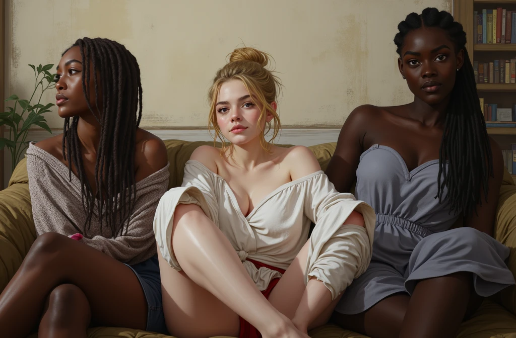 (((three women, experimenting with foreplay before lesbian sex))), realistic artstyle, the Caucasian girl in the center is nude blond dreadlocked hair, it is her first time experimenting with this type of foreplay. She is brave and smiling, the women off center are two muscle bound - big bone - african american women - loose, comfy clothing, sexually experienced, sexually confident, sexual pose, realistic style, official fanart, realism artstyle, hyperrealistic teens, high quality fanart, sexy conversation, 8k, realistic art style, relaxed poses, 3 young and beautiful women, detailed realistic expressions, realistic picture, all characters are 1, lesbian experience, dim and diffuse illumination from the light below, two amazon looking black skinned women. young busty blonde between them on couch, ((no men)), the blond girl is much smaller than the big african women, the blond girl is the one with pink in her dreadlocks, the african girls are with cornrows, the blond girl is with bruised pink knees face and nose. 