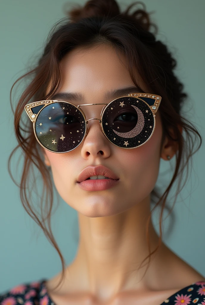 The model is wearing glass sunglasses with stars and the moon on the glass
